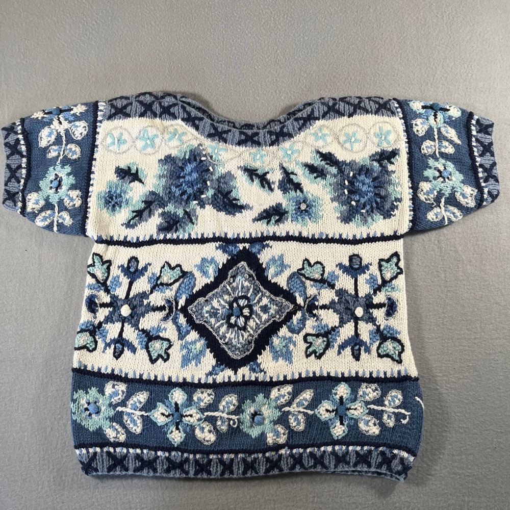 Jennifer‎ Reed Petites Hand Knitted Floral Sweater Blue White Ramie Cotton Small